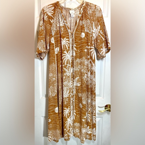 DESMOND & DEMPSEY‎ X H&M Women’s Midi Linen Blend Tropical Landscape Size Medium - Picture 1 of 8